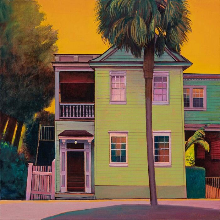 Painting of a quiet street with a green house and palm tree, by Susan Abbott.