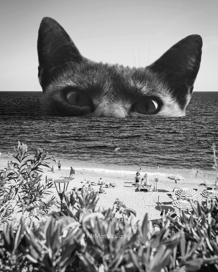 Giant cat emerging from the ocean behind a crowded beach, blending elements of adorably unsettling art.