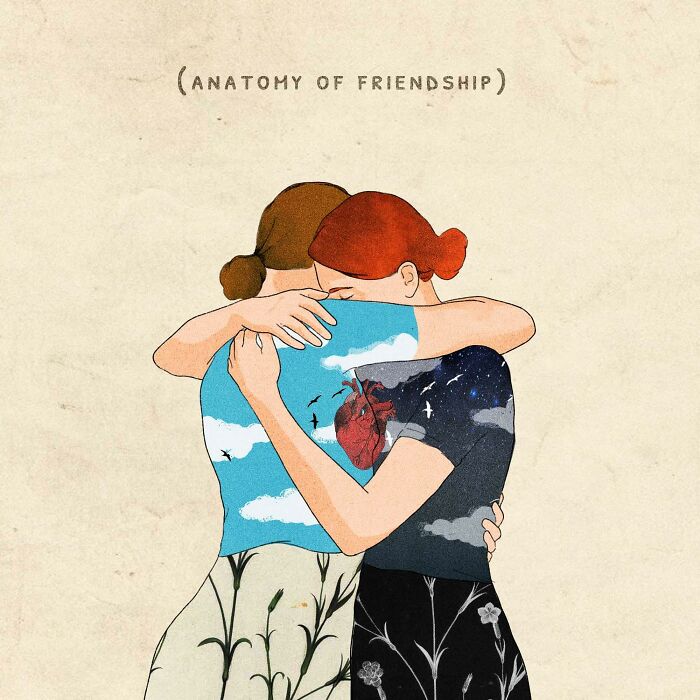 Two women hugging, with illustrations on their clothing depicting nature and emotions, titled "Anatomy of Friendship."