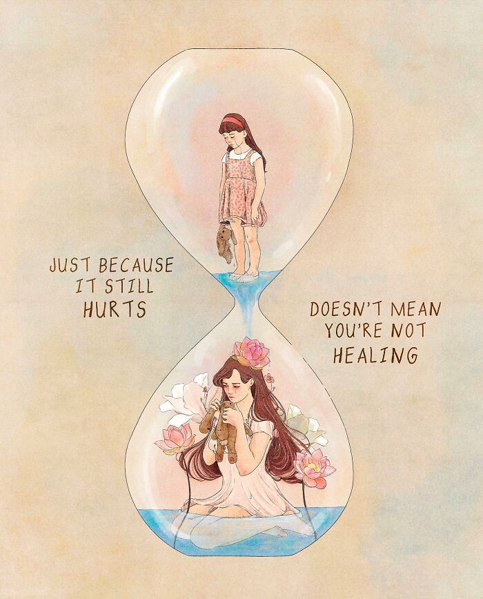 Illustration by Giulia Rosa of an emotional hourglass with a girl and woman, symbolizing healing despite pain.