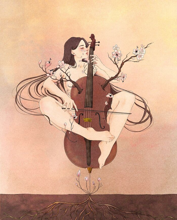 A Giulia Rosa illustration featuring a person entwined with a cello and blossoming branches, expressing deep emotions.