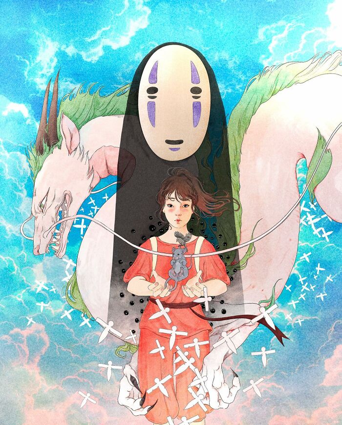 Artistic illustration featuring mythical elements and emotional expressions by Giulia Rosa.