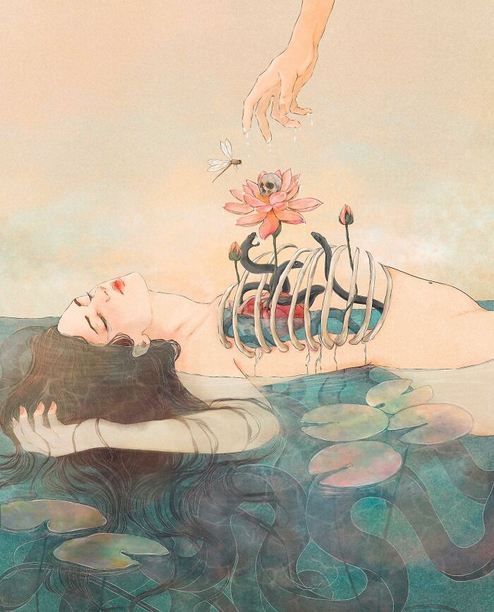 Surreal Giulia Rosa illustration of a serene figure with flowers and ribs exposed, symbolizing deep emotions.