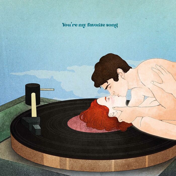 Couple embracing on a turntable, capturing emotions in Giulia Rosa illustration.