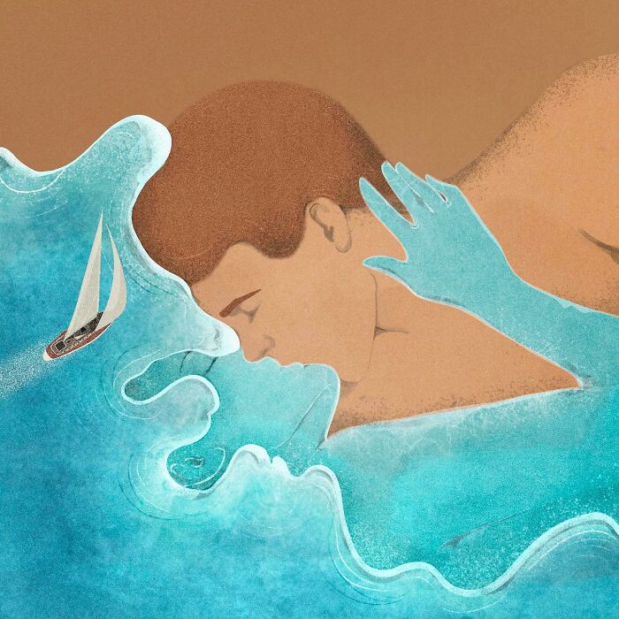 Man embraced by blue waves and hands in a Giulia Rosa illustration, depicting unspoken emotions.
