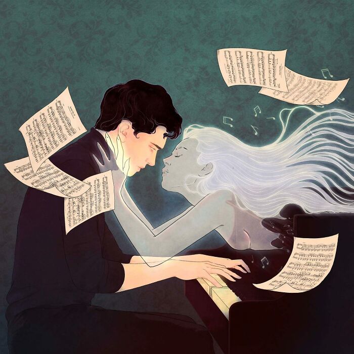 A man plays piano, embraced by a ghostly figure amidst floating music sheets, illustrating unspoken emotions.