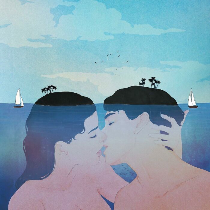 A romantic Giulia Rosa illustration of a couple kissing, seamlessly blending with a serene ocean scene.