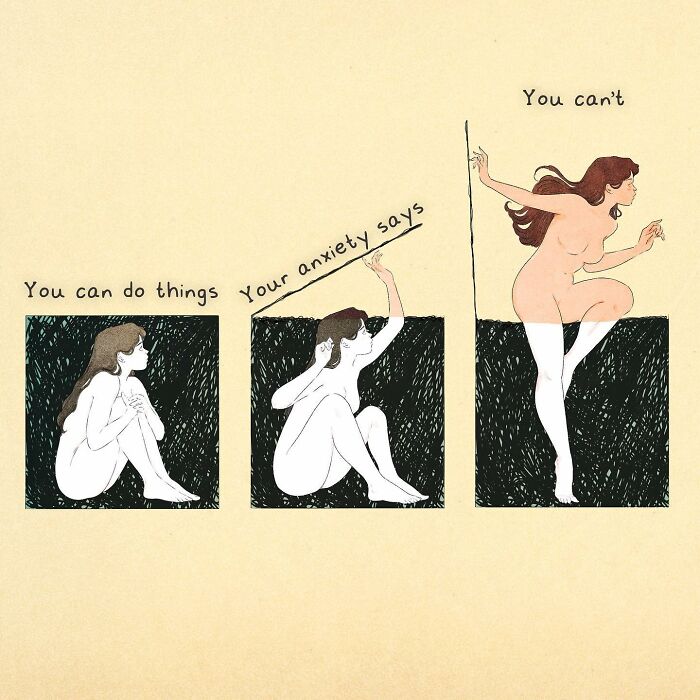 Giulia Rosa illustration depicting anxiety and self-doubt through a series of three emotional poses.