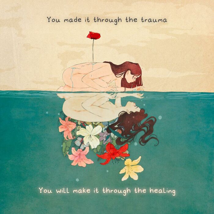 Giulia Rosa illustration of a woman with a reflection in water, surrounded by flowers, symbolizing emotions and healing.