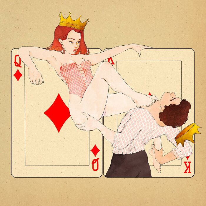 Illustration by Giulia Rosa depicting emotions through playing cards, featuring a queen and king with crowns interacting.