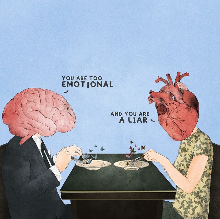 Illustration by Giulia Rosa: a human brain and heart seated at a table, showcasing emotional conflict.