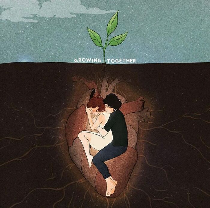 Couple embracing inside a heart below ground, with a sprout emerging, illustrating emotions by Giulia Rosa.