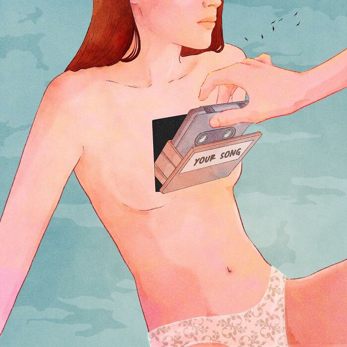 Illustration by Giulia Rosa showing a cassette labeled "Your Song" being placed into a person's chest.