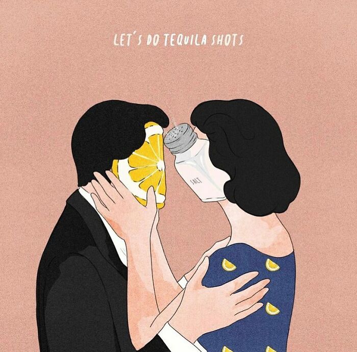 Illustration by Giulia Rosa of two people face to face, one with a lemon slice and the other with a salt shaker head.