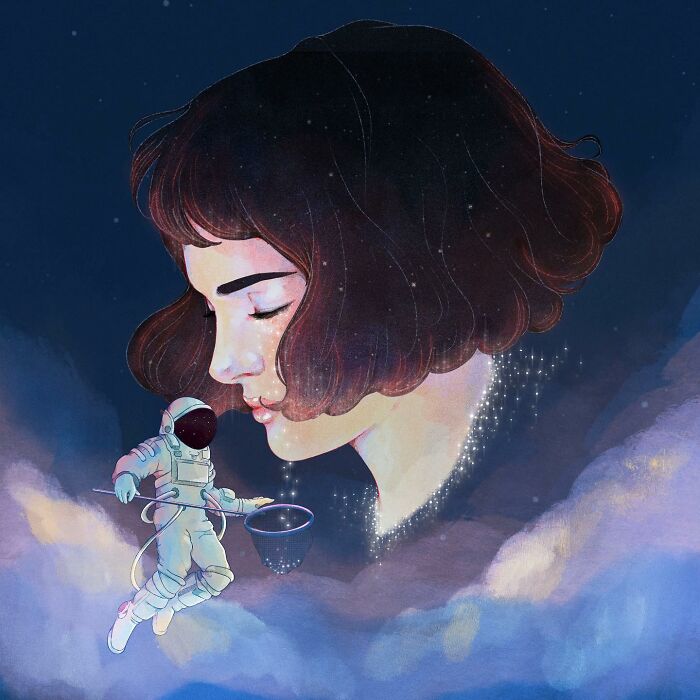 Astronaut floating near a serene woman’s face, capturing stars, in a Giulia Rosa illustration.