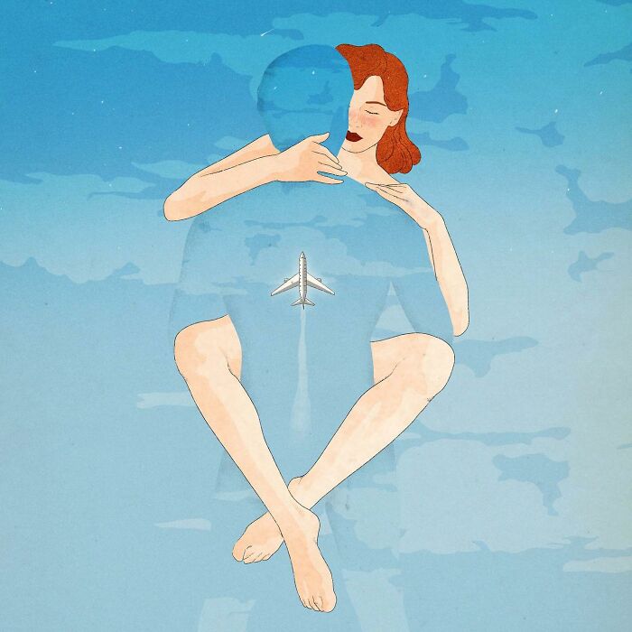 Surreal Giulia Rosa illustration of a couple embracing in the sky, with a plane silhouette.