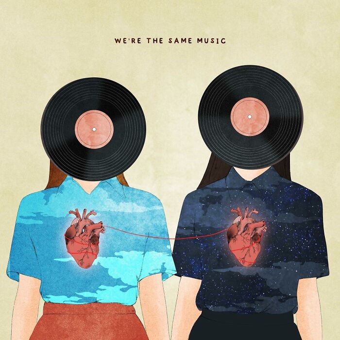 Two figures with vinyl record heads, connected hearts on shirts, symbolizing emotions in Giulia Rosa illustration.