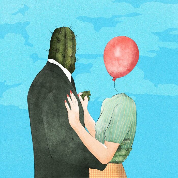 Surreal Giulia Rosa illustration with a cactus-headed man and balloon-headed woman in an embrace against a blue sky.