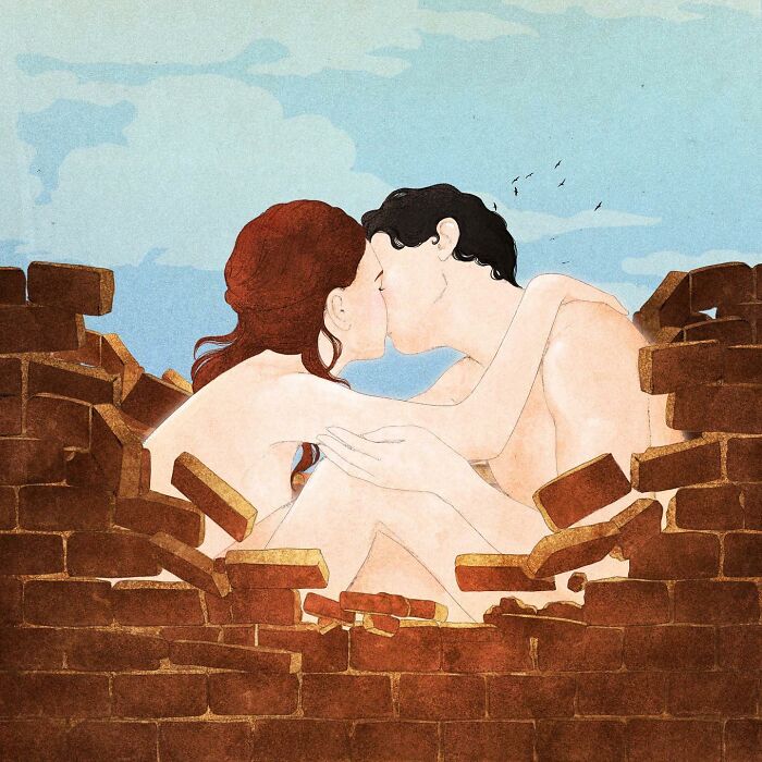 A couple kissing amidst broken brick, symbolizing emotions in Giulia Rosa illustration.