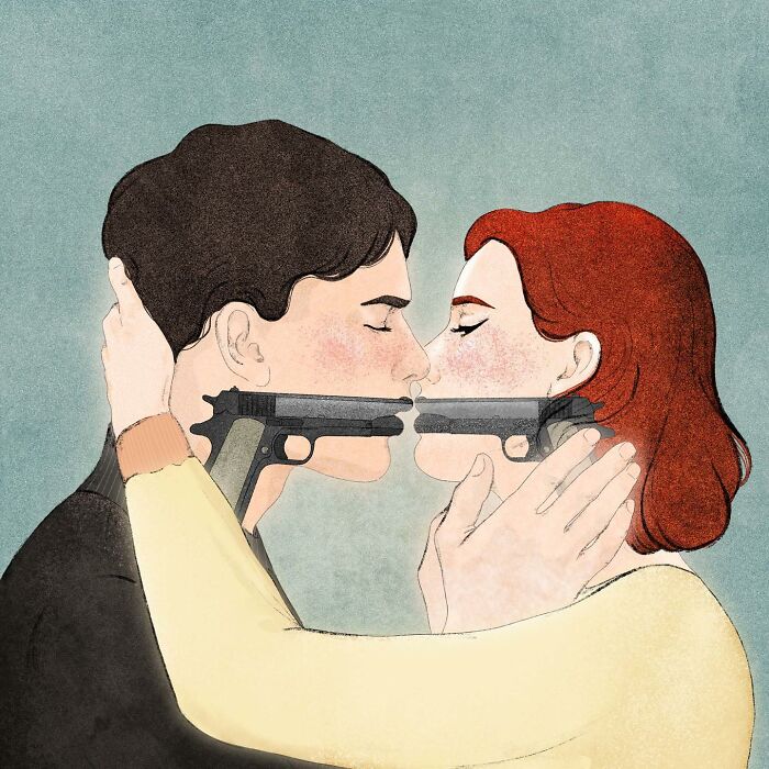 Couple kissing with guns at their lips, illustrating emotions by Giulia Rosa.
