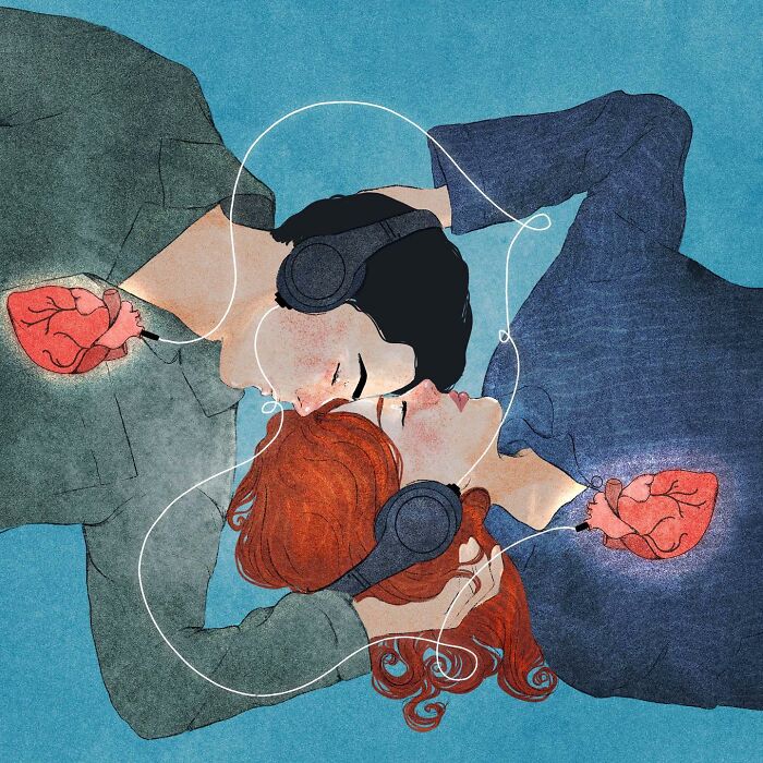 Two people with headphones share an emotional connection, illustrated by Giulia Rosa; hearts glowing between them.