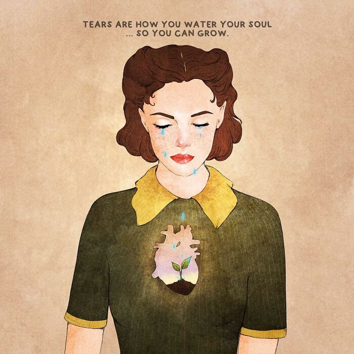 Woman with tears watering a plant in her chest, symbolizing emotions, in a Giulia Rosa illustration.