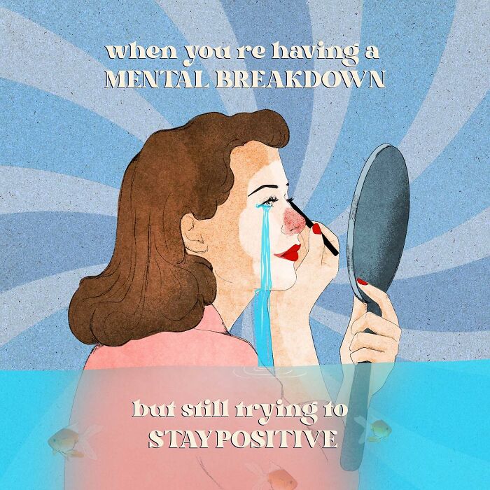 Woman holding a mirror with blue tears, depicting struggles and emotions in Giulia Rosa illustration.