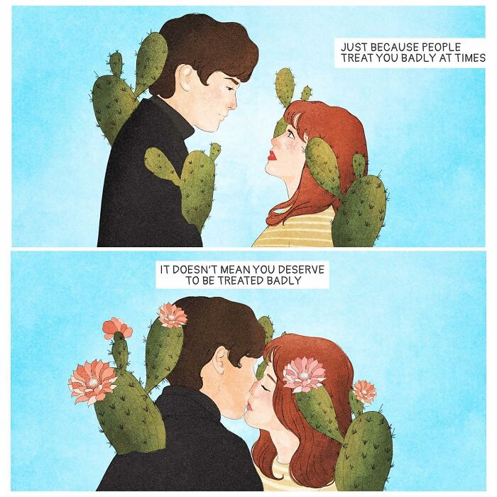 Couple surrounded by cacti, illustrating emotions. Top panel: serious conversation. Bottom panel: kissing and connection.