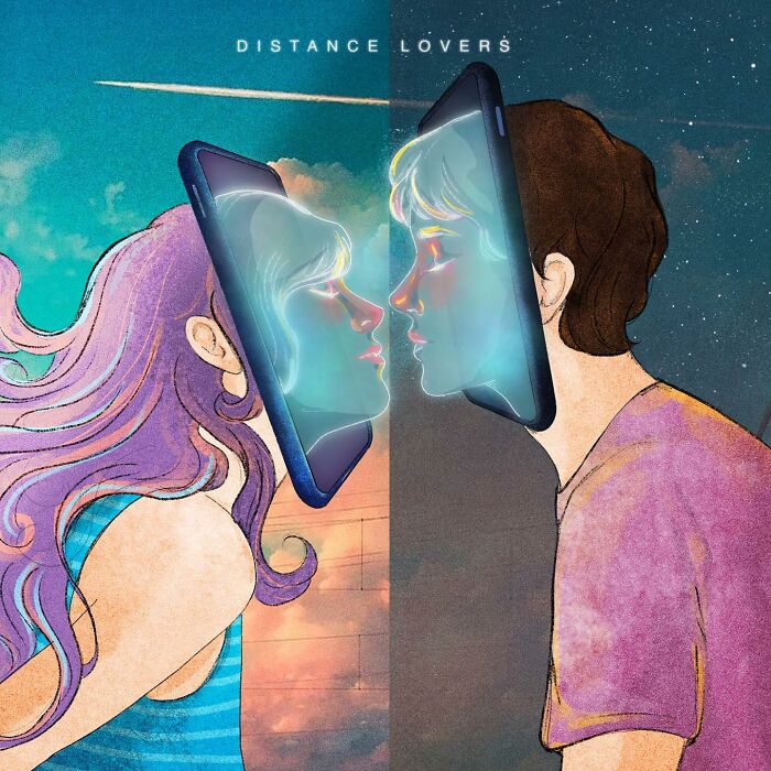 Two lovers connecting through phone screens, depicted in a Giulia Rosa illustration.