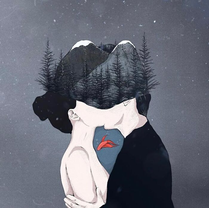 Couple kissing, surreal forest background blending with their heads, by Giulia Rosa.