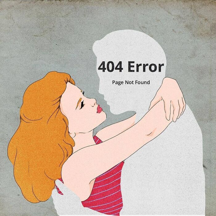 Woman embracing a silhouette of a man with "404 Error" text, illustrating unspoken emotions in Giulia Rosa's artwork.
