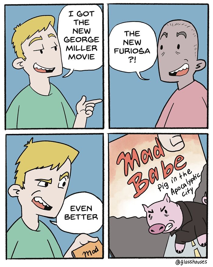 Comic panel with dark humor by Glasshouses Comics, featuring a spoof of a George Miller movie titled "Mad Babe."