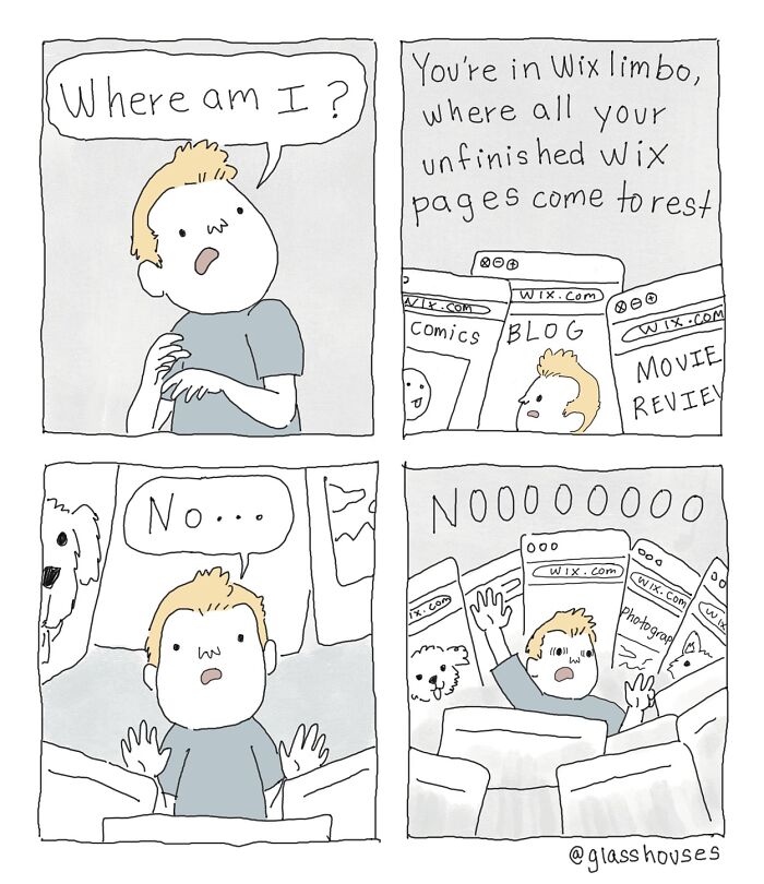 Comic strip on dark humor with character trapped in Wix limbo for unfinished pages.