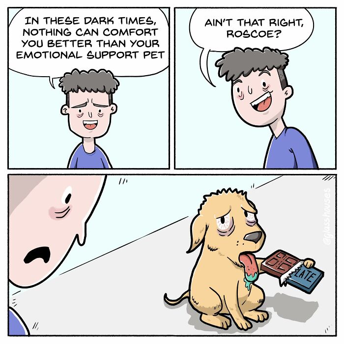 Comic panel with dark humor showing a man talking to his tired dog holding chocolate labeled "late."