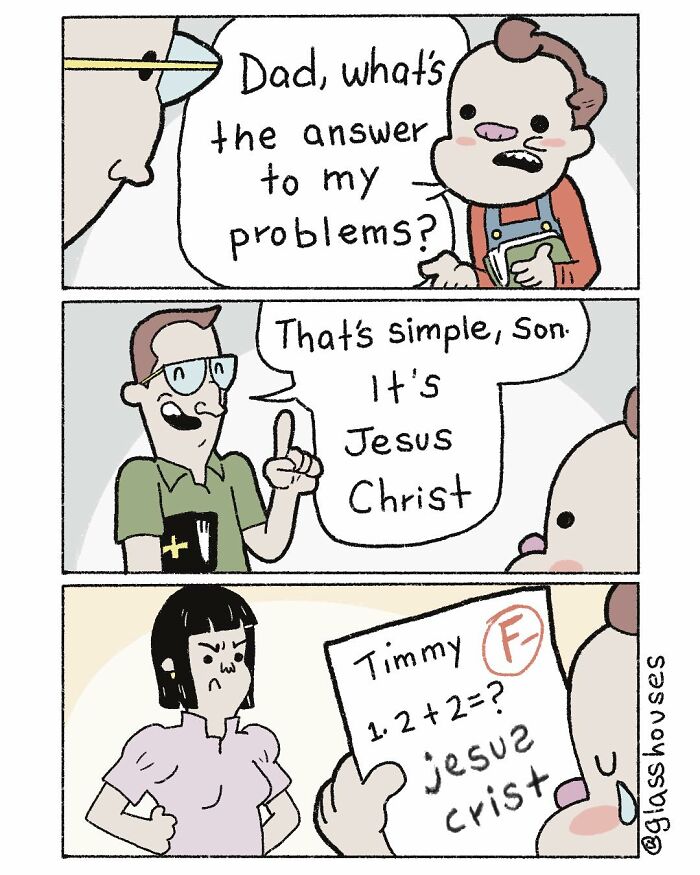 Comic strip by Glasshouses with a dark humor twist on finding solutions through simple answers.