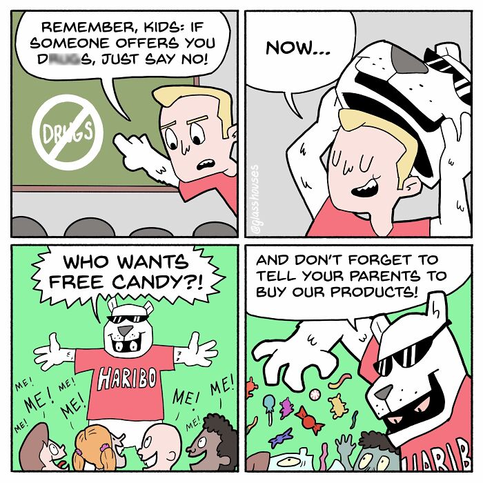 Comic strip with a dark humor twist, featuring a man warning kids about d***s, followed by a bear offering free candy.