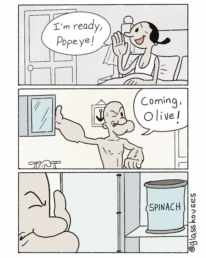 Popeye comic with dark humor twist: Olive calls, Popeye opens cupboard, eyes spinach can.