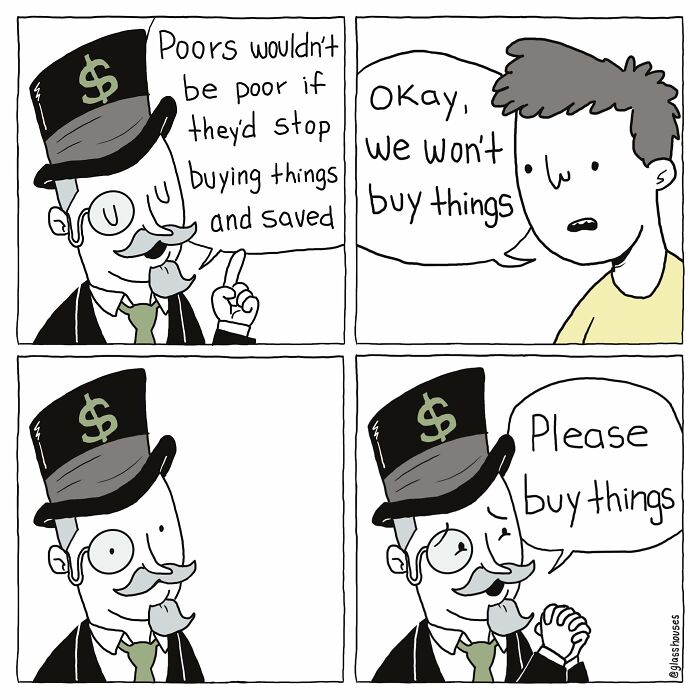 Comic strip with a rich man in a top hat showing dark humor and clever twists about consumer habits.