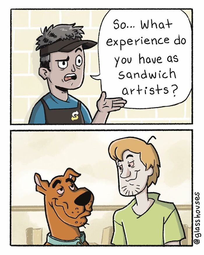 Comic panel with dark humor, featuring a fast-food employee interviewing cartoon characters about sandwich experience.