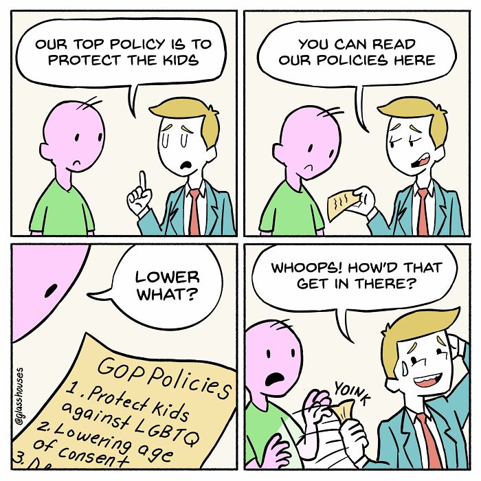 Comic strip with dark humor, showing a deceptive policy reveal.