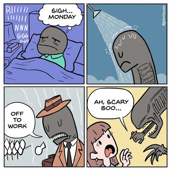 Comic strip by Glasshouses featuring dark humor with an alien character dreading a mundane Monday routine.