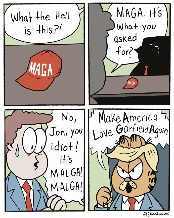 Comic strip with a clever twist featuring a character ordering the wrong acronym: "MAGA" instead of "MALGA," by Glasshouses Comics.
