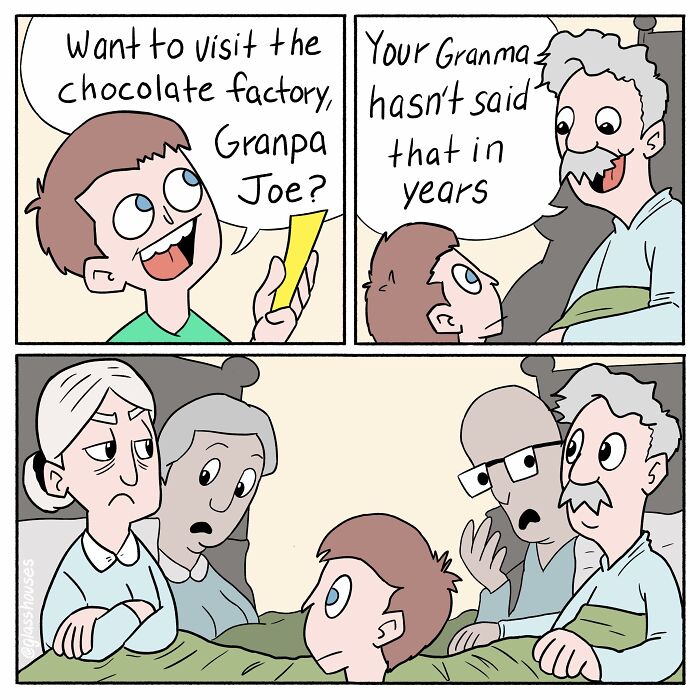 Boy asks Grandpa Joe about the chocolate factory in a comic strip with dark humor.