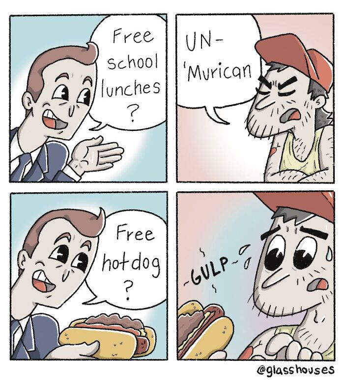 Comic strip by Glasshouses featuring a man offering free hotdogs, highlighting dark humor.