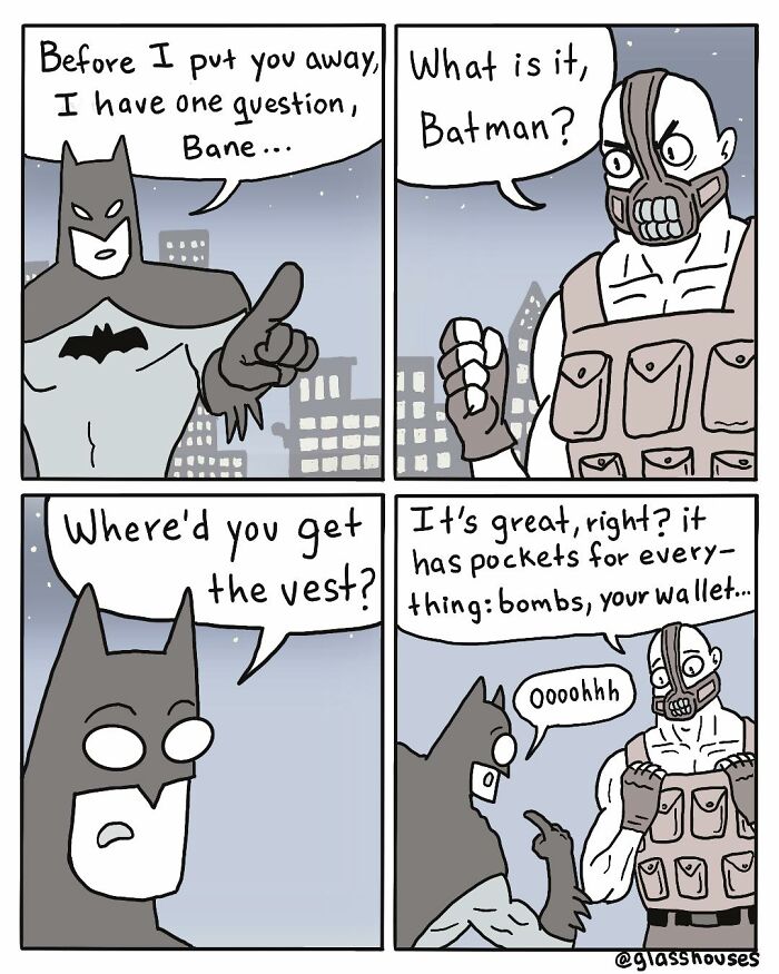 Comic strip featuring dark humor with Batman questioning Bane about his vest.