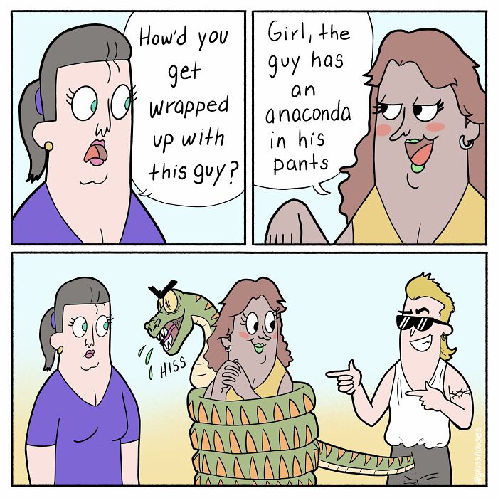 Comic with a woman surprised by another wrapped with an anaconda, showcasing dark humor and clever twist.