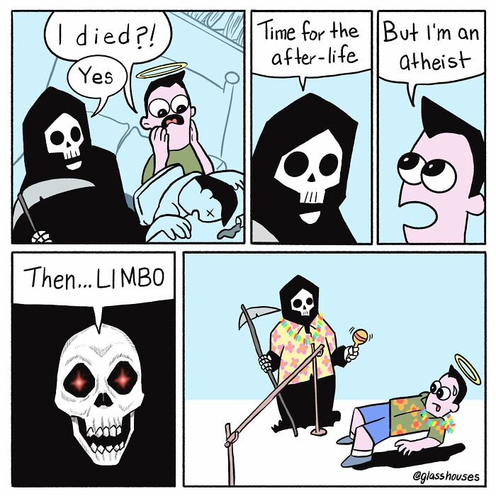 Death with a scythe surprises an atheist in comic strip, showcasing dark humor and clever twists.