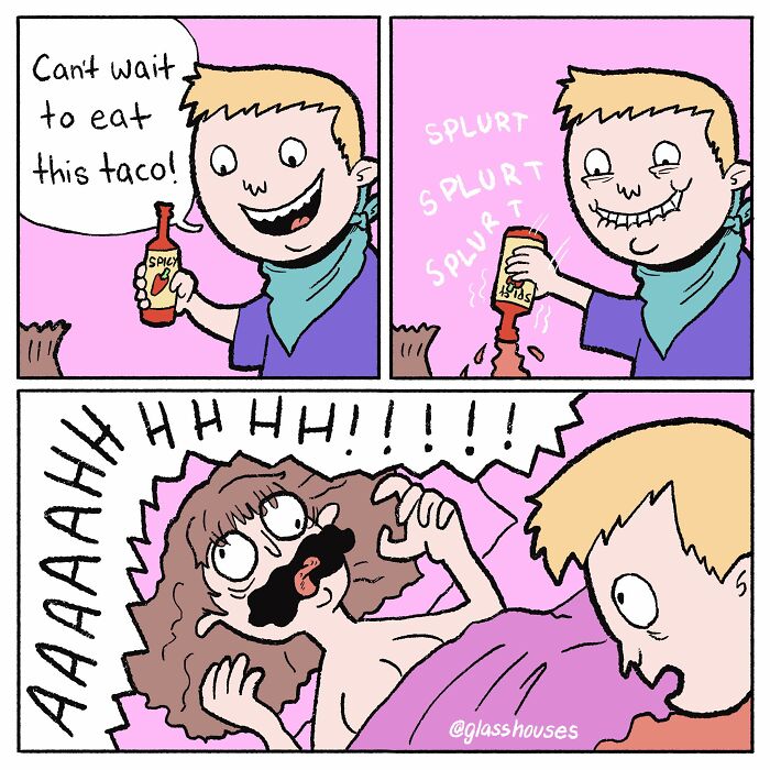 Boy with taco sauce leads to surprising twist; woman wakes up screaming. Dark humor comic by Glasshouses.