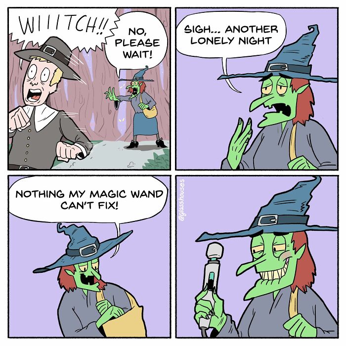 A witch with a magic wand, creating a humorously clever twist in a comic scene.