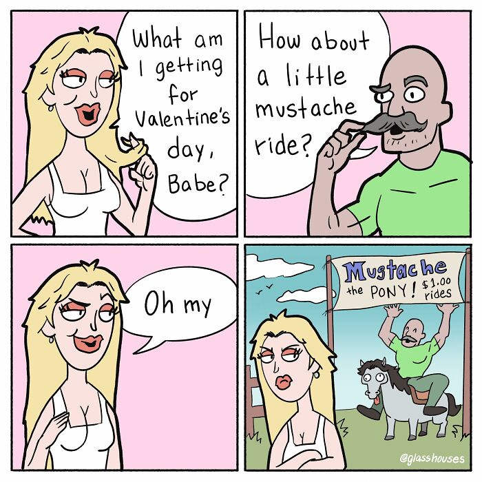 Comic strip with dark humor and clever twist: woman confused by mustache ride offer, man rides pony.